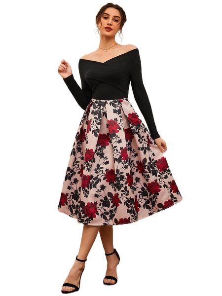 

floral panel off shoulder pleated dress r3cb#, Black;gray
