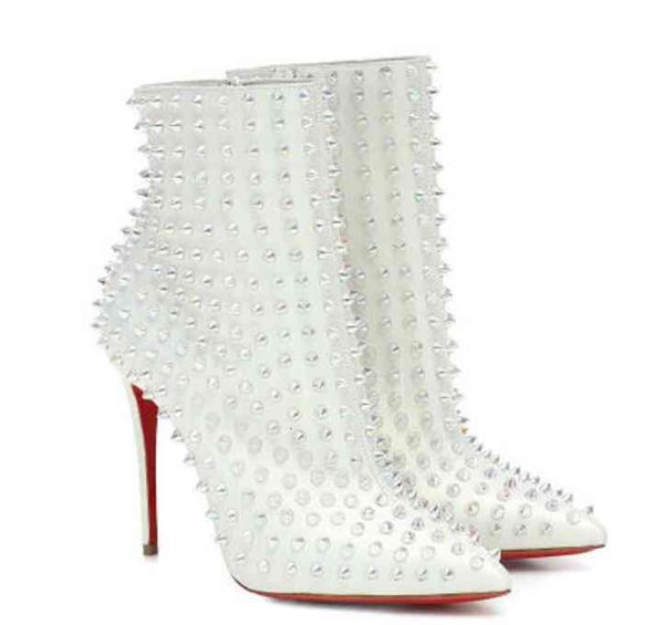 

boots [with box] women rivets pointed ankle boots red bottoms white high casual style studded leather heels spikes high size 35-43 xtgg, Black