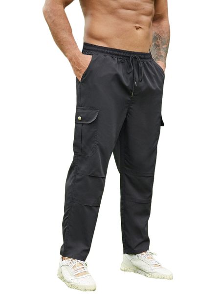 

extended sizes men flap pocket side drawstring waist cargo pants 13hu#, Black