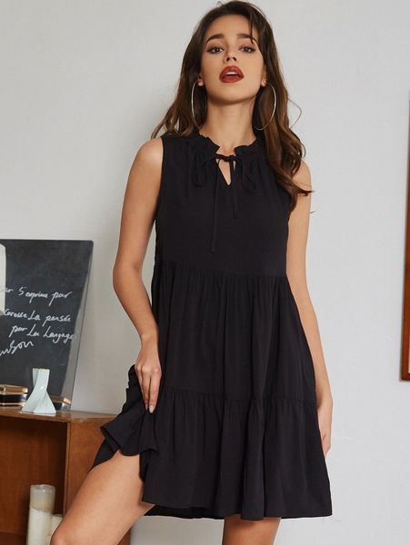 

kate kasin tie neck frill trim smock dress b4lm#, Black;gray