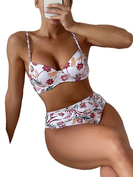 

plant print push up high waisted bikini swimsuit z4f0#, White;black