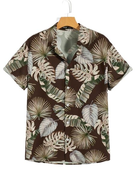 

men tropical print collar button front shirt m658#, White;black
