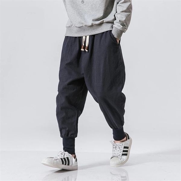 

cotton linen harem pants men solid elastic waist streetwear joggers baggy drop-crotch pants casual trousers men 220509, Black