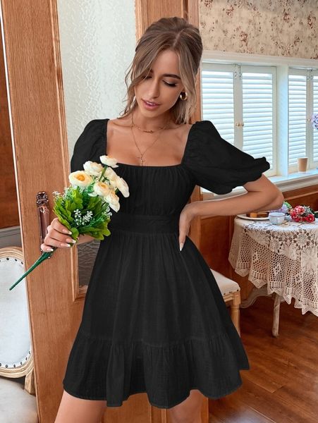 

solid tie back flounce hem dress 40op#, Black;gray