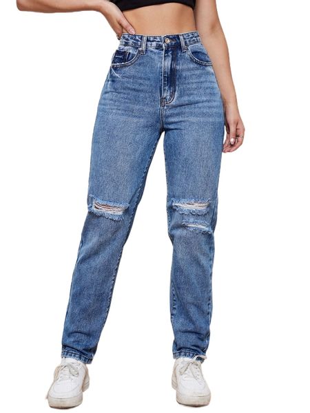 

high waist ripped straight leg jeans u2xh#, Blue