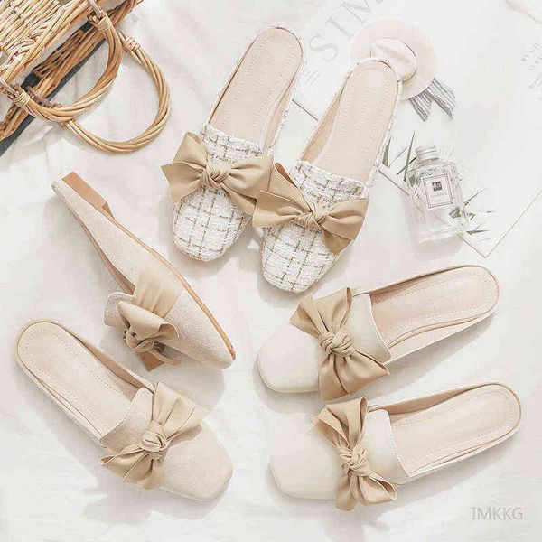 

nxy slippers luxury woman mules summer close toe women bowtie lazy slides flat heel girl korean outdoor flip flops 220705, Black