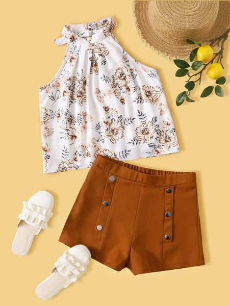 

girls floral print halter & shorts set she, White