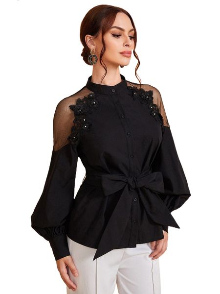 

mock neck pearl beaded appliques belted contrast mesh blouse b0f4#, White