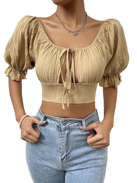 

puff sleeve knot front cut out crop blouse f64d#, White
