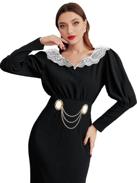 

gigot sleeve contrast eyelet lace collar chain detail dress x6pw#, Black;gray