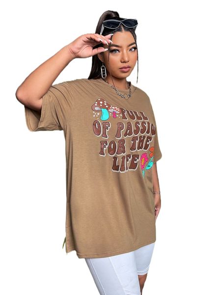 

plus floral & slogan graphic drop shoulder tee w4m9#, Black