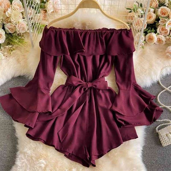 

summer temperament super fairy flare sleeve one-neck strapless ruffled strap jumpsuit shorts 210709, Black;white