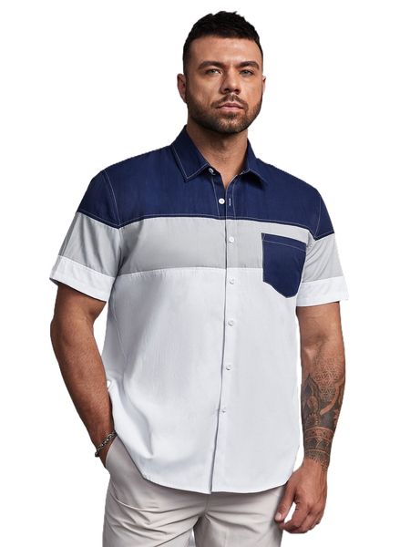 

extended sizes men colorblock one pocket front shirt u95g#, White;black
