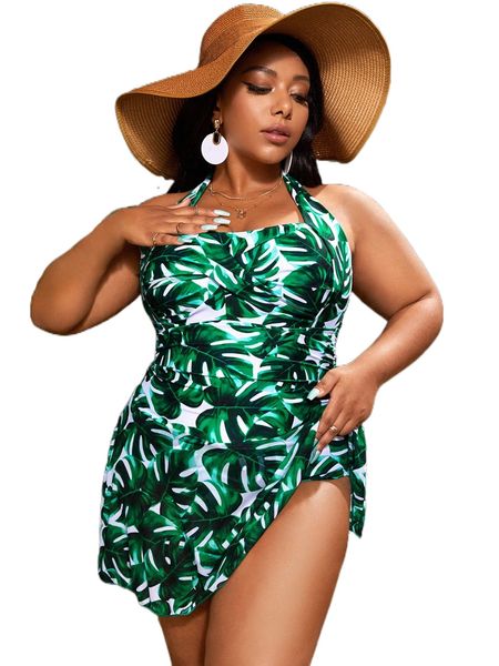 

plus tropical print ruched tie backless halter one piece swimsuit r7ng#, White;black
