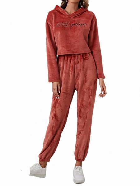 

letter embroidery drop shoulder teddy hoodie & pants k3bp#, White
