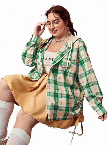 

plus plaid flap pocket drawstring hooded coat d4qs#, Black