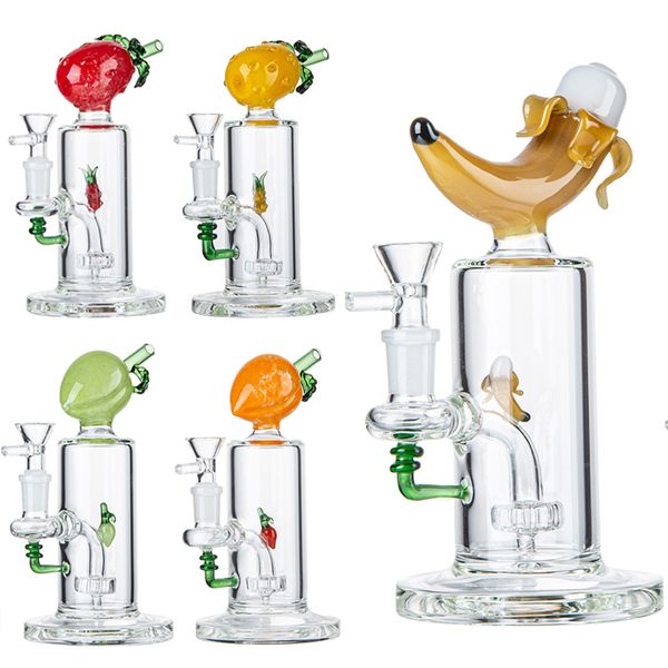 Tubo dritto Carino Bong in vetro stile frutta Banana Pesca Ananas Narghilè Soffione doccia inebriante Perc Oil Dab Rigs Tubi d'acqua in vetro colorato con ciotola