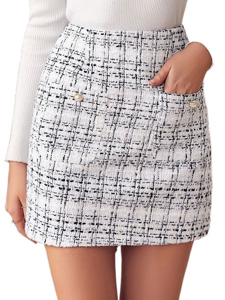 

pocket patched plaid tweed skirt c9hb#, Black