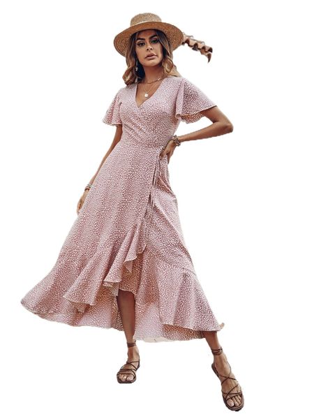 

allover print butterfly sleeve tie side ruffle hem dress i1qu#, Black;gray