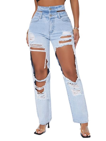 

sxy high waist cut-out straight leg jeans e0pv#, Blue