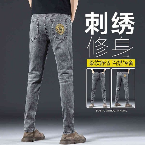 

men's jeans embroidered men's pants slim fit small leg doi8, Blue