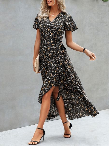 

floral print ruffle trim knot side wrap dress k37r#, Black;gray