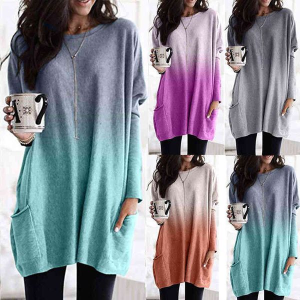 

women's t-shirt gradient long sleeve casual pocket wear ub0t, White