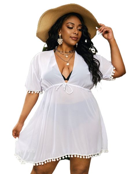 

plus pom-pom trim drawstring cover up n0ck#, Black