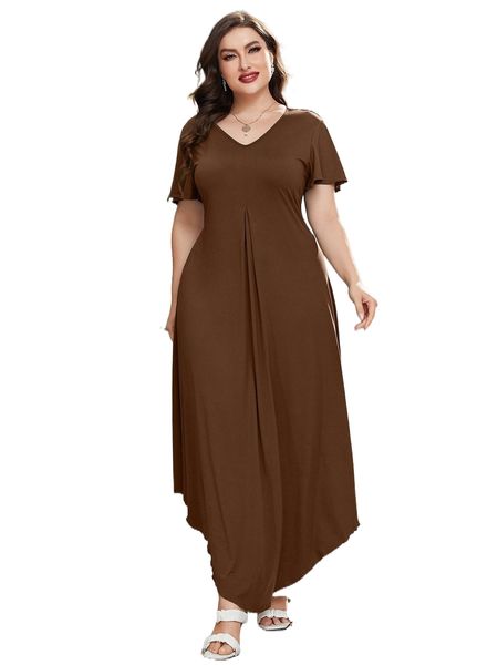 

plus plicated detail curved hem dress e5yd#, Black