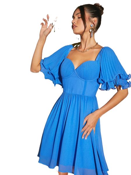 

lettuce trim flounce sleeve bustier dress b03x#, Black;gray