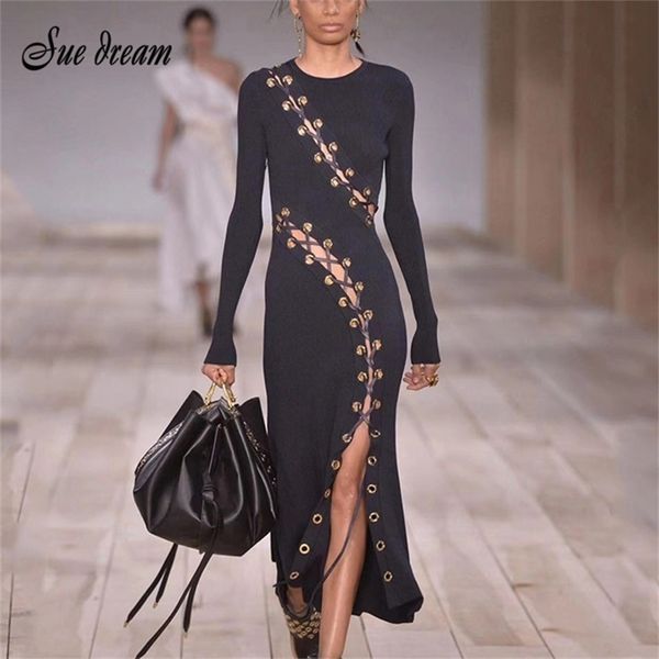 

2020 autumn and winter new o-neck long sleeve hollow lace up slim black long dress fashion bodycon club party dress lj201124, Black;gray