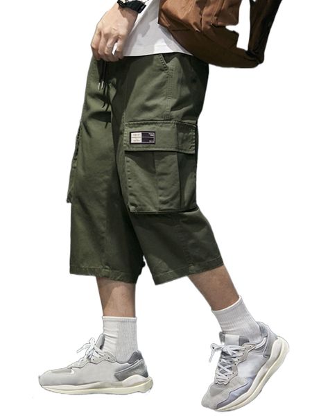 

men letter patched detail flap pocket side drawstring waist pants e3ec#, Black