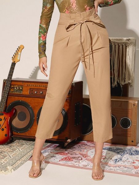 

high waist plicated detail belted pants r5v3#, Black;white