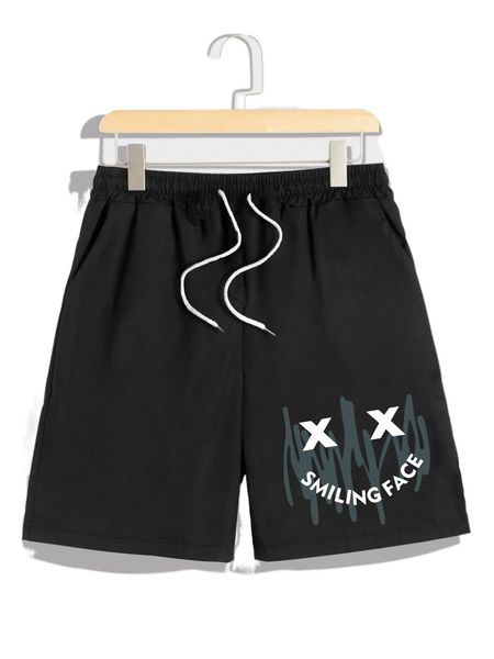 

men letter & expression print drawstring waist shorts d0t9#, White;black