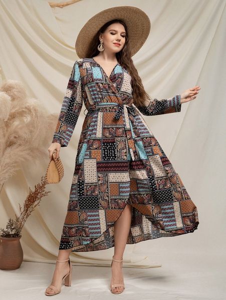 

plus patchwork print wrap hem belted dress q9bj#, Black