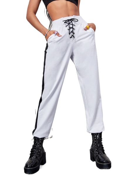 

grommet lace up front contrast side seam pants z4zx#, Black;white