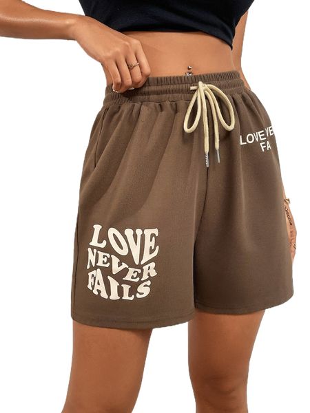 

slogan graphic drawstring waist shorts i4gt#, White;black