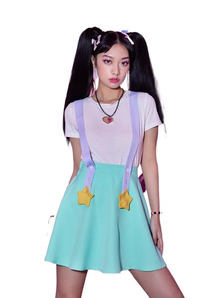 

romwe anime star patched pinafore skirt 377x#, Black