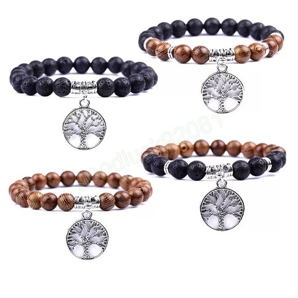 Antik versilbert Lifetree Charm Naturstein Holz Perlen Stränge Armband für Mann Frau Großhandel