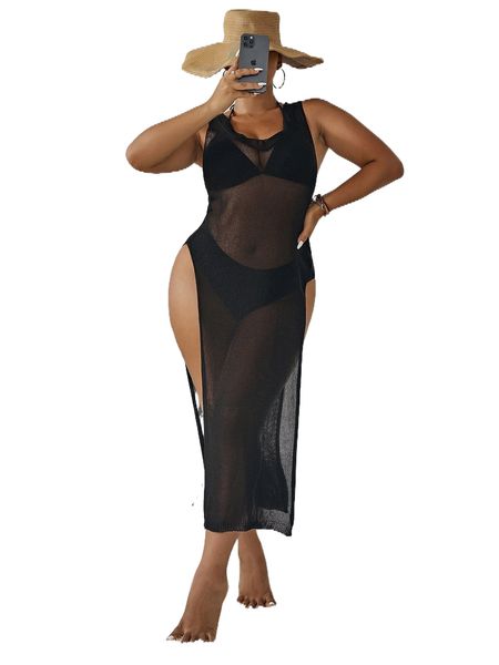 

plus split hem cover up dress without bikini i5mq#, Black
