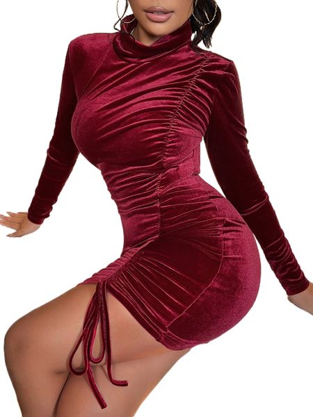 

mock neck drawstring front velvet bodycon dress e7qv#, Black;gray