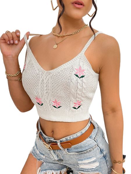 

floral embroidery cami knit q6se#, White;black
