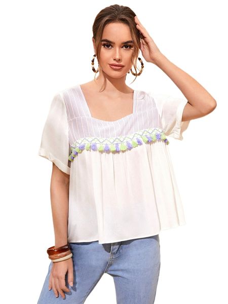

tassel trim striped print smock m79y#, White
