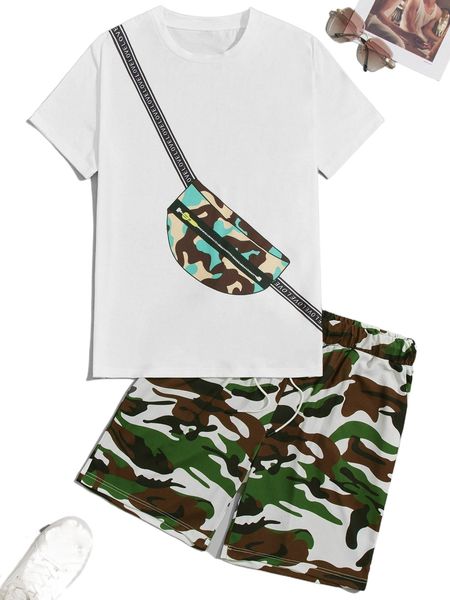 

men bag & camo print tee & drawstring waist shorts p8jw#, Gray