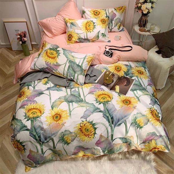 

svetanya 3d sunflowers pastoral nordic satin egyptian cotton bedding set  king size bedlinens fitted sheet duvet cover set 220505