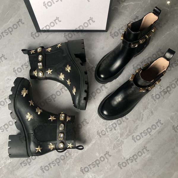 

designer womens boots martin short boot belt buckle metal women shoes classic bee thick heels leather high heeled fashion diamond boot large, Black