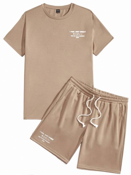 

men japanese letter graphic tee & drawstring waist shorts q2lg#, Gray