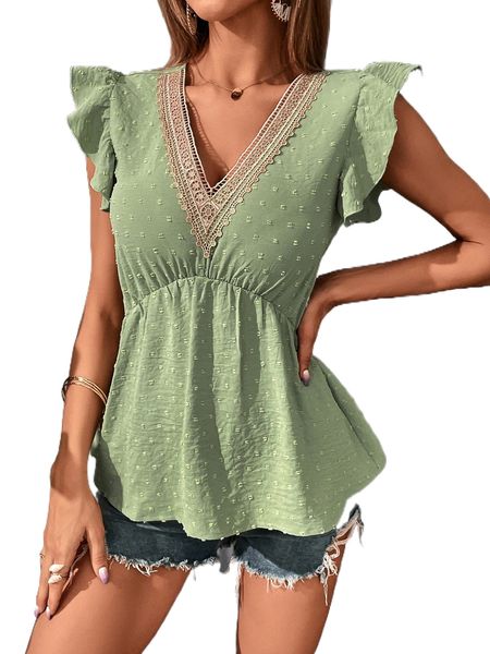 

swiss dot lace insert ruffle trim blouse y2ok#, White