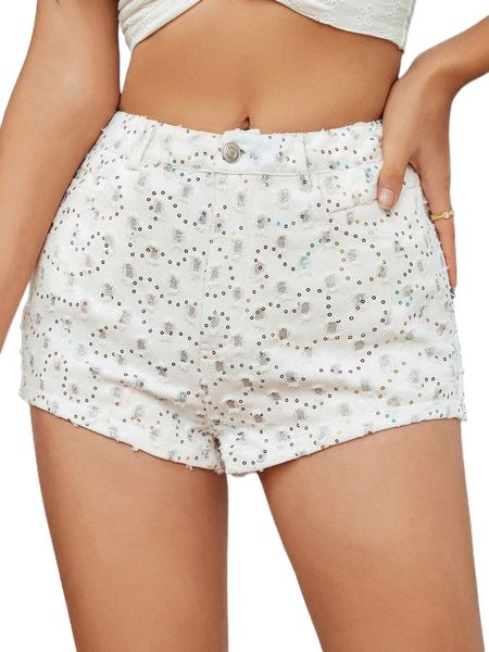 

eilly bazar contrast sequin embroidery ripped shorts z1bl#, White;black
