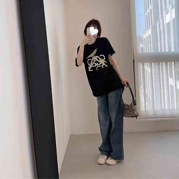 

women's t-shirt summer women's versatile loose l letter embroidered magpie bird embroidered t-shirt short sleeve lovers trend, White